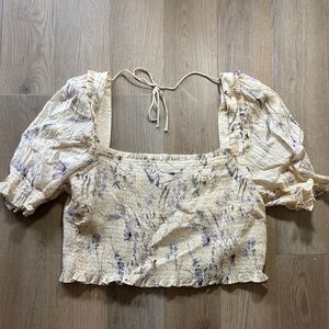 Cream Floral Smocked Puff Sleeve Crop Top Cottagecore XXL